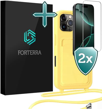 Hoesje Geschikt voor iPhone 16 Pro Pashouder Case Siliconen Hoes Met Koord Met 2x Screenprotector - Hoes Geschikt voor iPhone 16 Pro Met Telefoonkoord Hoesje Back Cover Met Pasjeshouder - Geel
