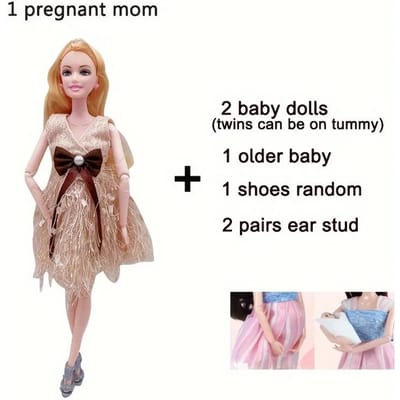 Zwangere Pop Heeft een Baby in Haar Buik Mama Pop Zwangere Mama Speelgoed met 2 Baby Poppen Speelsets Accessoires voor Meisjes Jongens Cadeau bruin