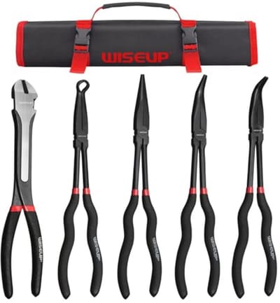 5-delige set lange naald tangenset voor smalle ruimtes, 11" met recht, 45° en 90° gebogen opties