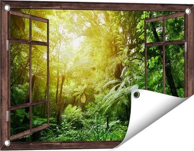Gards Tuinposter Doorkijk Tropische Jungle met Zonneschijn - 60x40 cm - Tuindoek - Tuindecoratie - Wanddecoratie buiten - Tuinschilderij