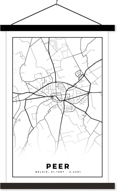 Posterhanger incl. Poster 40x60 cm - Schoolplaat - België – Peer – Stadskaart – Kaart – Zwart Wit – Plattegrond - Textielposter - Zwarte latten - Stadskaart