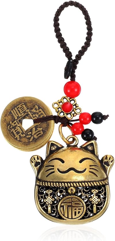 Sleutelhanger Maneki Neko - Messing - Gelukkige kat met munten - Feng Shui rijkdom charme - SnelShoppen