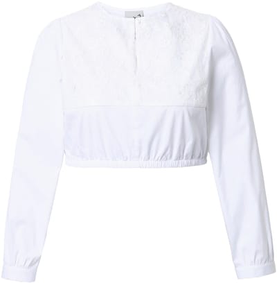 Ulla Popken - Dames - Dirndl blouse kant ronde hals lange mouw elastische zoom - Sneeuwwit - Maat 44