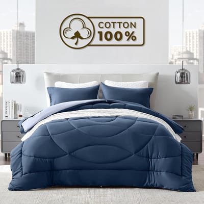 Sleep Comfy Cottiva Series - All Year Dekbed zonder overtrek - Middernacht & Ijsblauw | 140x200 cm - Wasbaar hoesloos dekbed - Binnen & Buiten - 100% Katoen - Met Kussenslopen| Dekbed in Kleur - OEKO Green - Droogt Snel