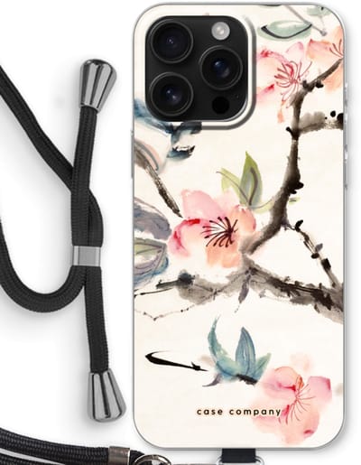Case Company® - Hoesje met koord geschikt voor iPhone 16 Pro Max hoesje met Koord - Japanse bloemen - Telefoonhoesje met Zwart Koord - Bescherming aan alle Kanten en Over de Schermrand
