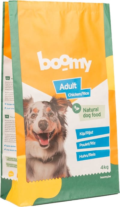 Boomy Food - Koudgeperste hondenbrokken - Hondenvoer voor volwassen honden - Hondenvoeding met kip en rijst - 4kg