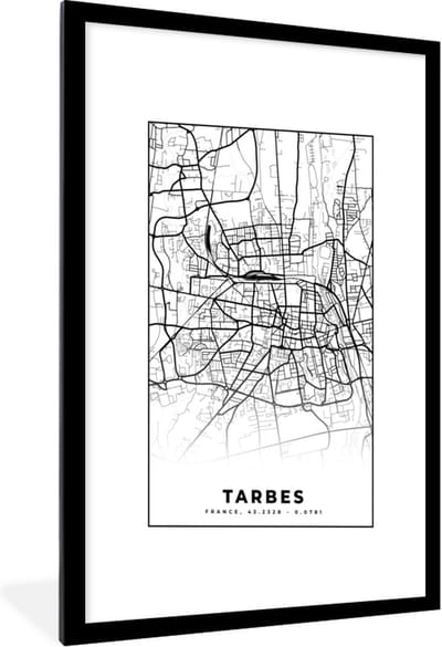 Fotolijst incl. Poster Zwart Wit- Kaart - Tarbes - Plattegrond - Frankrijk - Stadskaart - Zwart wit - 60x90 cm - Posterlijst