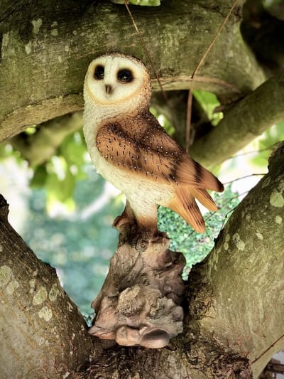 Kerkuil op stam "Ess" 34 cm hoog - polyester - polyresin - polystone - hoogkwalitatieve kunststof - decoratiefiguur - interieur - accessoire - voor binnen - cadeau - geschenk - tuinfiguur - tuinbeeldje - tuindecoratie