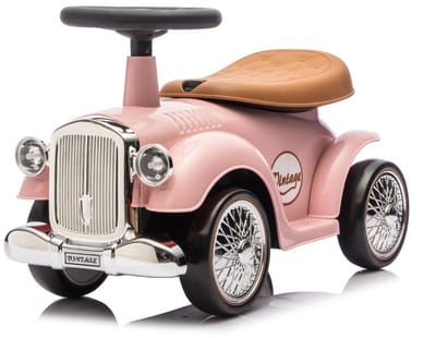 VROOOMY Classic 1930 Retro Loopauto 1 tot 3 jaar – Oldtimer Loopauto met EVA-rubberen banden & Claxon – Binnenspeelgoed Peuter met Blokstandaard & Cadeaubox – Roze