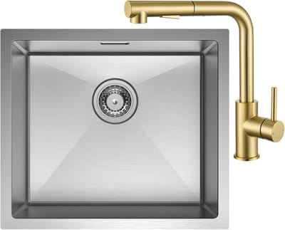 CECIPA Max Spoelbak Keuken 50x44CM - Gootsteen RVS - Spoelbakken Keuken Met Goud Keukenkraan met Uittrekbare Uitloop - Wasbak Keuken - Enkele Spoelbak - Spoelbakken met afdruip - RVS