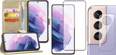 Hoesje geschikt voor Samsung Galaxy S21 FE - Book Case Kunstleer Wallet Cover Portemonnee Pasjeshouder Hoes Goud - Full Tempered Glass Screenprotector - Camera Lens Protector