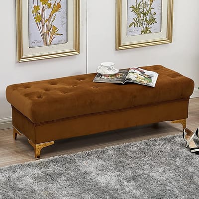 Opbergbank Fluwelen - Gestoffeerde Voetenbank - Woonkamer Slaapkamer - Stijlvolle Schoenenbank - 61 x 45 x 46 cm - Bruin