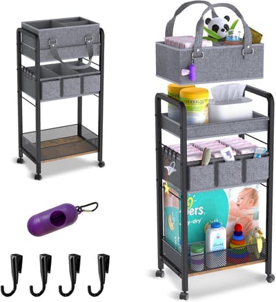 Luierwagen Organizer - Luierbak Baby - Babykamer Opbergen - Afneembare Luierstation - 3 Niveaus - Zwart