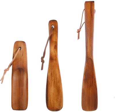 Dailygoods- Schoenhoorn 3 Stuks - Houten Schoenlepel - Lederen Lanyard - Reisschoenlepel - Vintage Kleur - Bamboehout 15/19/25 cm