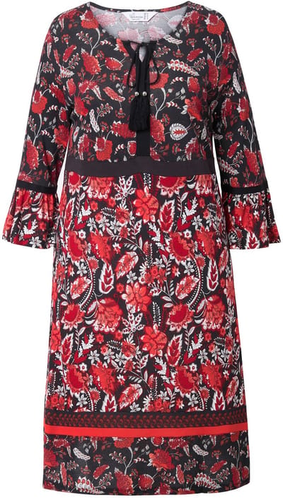 MIAMODA - Dames - Jersey jurk motiefstrepen 3/4-mouwen met volant - Rood - Maat 44