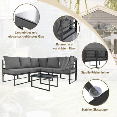 Wicker Tuin Loungeset 176x65 cm met Zonnedak, Stoelen & Tafel – 4-delige Loungeset met 9 cm Dikke Kussens, Weerbestendig Stalen Frame – Grijs – Laura