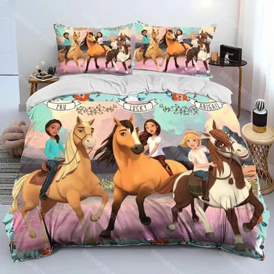 Cartoon Spirit Riding Free Paarden Dekbedovertrek Set 2_3 Stuks Jongens Meisjes Eenpersoons Tweepersoons Maat Dekbedovertrek Kussensloop Bed EU Single 135x200cm