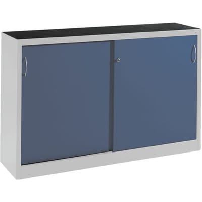 C + P gereedschapskast met schuifdeuren Acurado, B 1600 x D 600 x H 1000 mm, draagvermogen per legplank 70 kg, staal, lichtgrijs/geniaanblauw