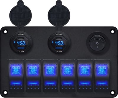 ProRide Schakelpaneel 12V voor Auto/Boot - USB/USB C Lader 4 Poorten met Wattagemeter - 45W - QC3.0 - 6 Schakelaars
