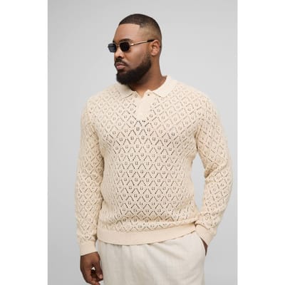 Plus oversized gehaakte poloshirt met lange mouwen | Natural | Size 2XL