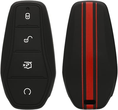 kwmobile autosleutel hoesje geschikt voor BYD Atto 3 / Sealion / Han / Tang / Dolphin/Seal - Autosleutel behuizing in rood / zwart - Rallystrepen design