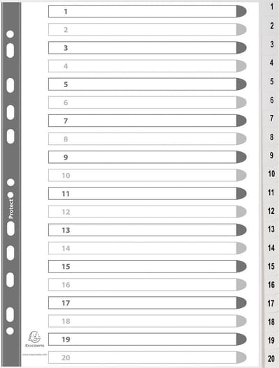 Exacompta Tabbladen met bedrukte tabs in gerecycled PP - 20 tabs - 1 tot 20 - A4 - Grijs - 1721E