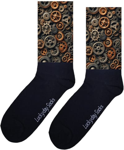 LuckyDay Socks - Tandwielen sokken - Steampunk sokken - Verjaardag cadeau vrouw en man - Vrolijke sokken - Valentijns cadeau - Kerst sokken - Grappige sokken - Leuke dames en heren sokken - Moederdag - Vaderdag - Socks maken Happy - Maat 37-44
