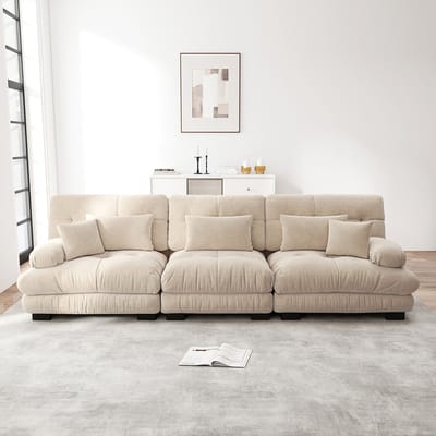 BLACKCOLORS Modulaire hoekbank met 3 zitplaatsen en diepe zitting, comfortabel gestoffeerde slaapbank in chenille voor woonkamer, appartement, studio, kantoor, lichtbruine chenille