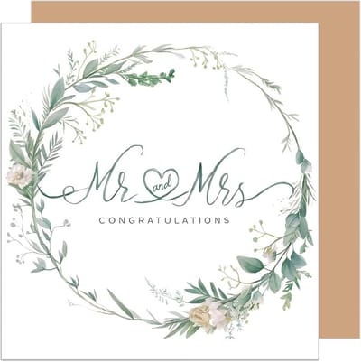 Vierkante Wenskaart voor Bruiloft met Envelop - Just Married Bloemenkrans Eucalyptus