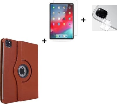 iPad Pro 11 2020 Hoesje - 11 inch - iPad pro 11 2020 Screenprotector - Camera protector - 360° Draaibare Book Case Bruin + Tempered Gehard Glas + Camera lens protector