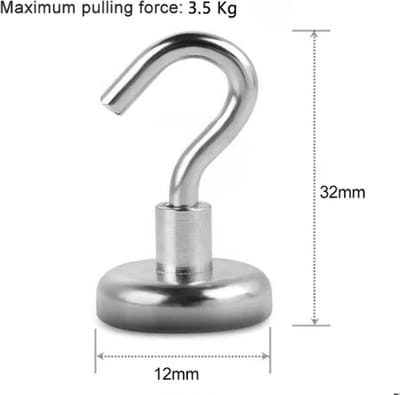 TLVX Haak magneet 12mm x 32mm / Erg sterk / 3.5 KG trekkracht / Magnetische ophanghaak / Magneet met haak / Metalen haak / Deurmagneet haak voor sleutels / Koelkast magneet handdoek / Magneet gereedschap / Foto magneet met handdoekhaak / 1 stuks