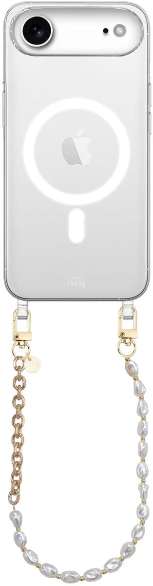 xoxo Wildhearts magnetisch hoesje geschikt voor iPhone 17 Air MagSafe - Over The Moon - Transparant telefoonhoesje met koord - Telefoonkoord - Parelketting met gouden schakels - Kort koord