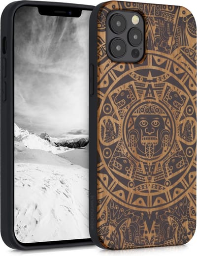 kwmobile telefoonhoesje geschikt voorApple iPhone 12 / iPhone 12 Pro - Hoesje met bumper - hout - In lichtbruin / zwart Maya Kalender design