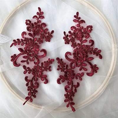 Paire d'Appliques en Dentelle Florale Brodées Thermocollantes Décoration pour Robe de Mariée Bricolage - Blanc vin
