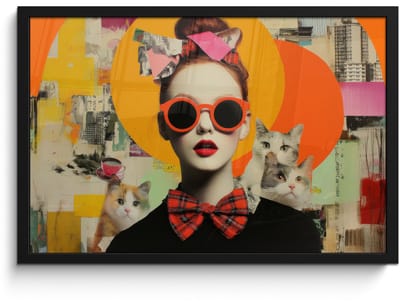 Poster in lijst - Fotolijst 60x40 cm - Posters - Vrouw - Bril - Strik - Retro - Posterlijst zwart - Decoratie - Wanddecoratie woonkamer - Muurdecoratie slaapkamer