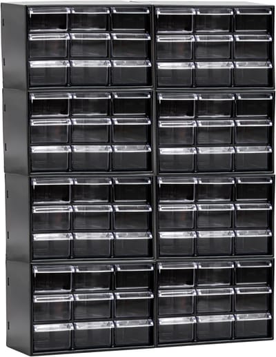 Plasticforte Sorteerbakjes spijkers/schroeven - 72x lades - 18.5 x 10 x 12 cm - opbergkastjes - ophangbaar - zwart/transparant
