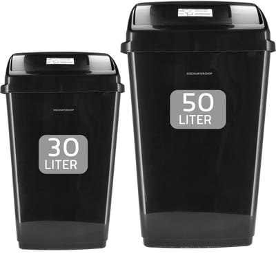 Prullenbak Set 30 Liter en 50 Liter Zwart met Deksel – Vuilnisbak Keuken – Afvalemmer Kunststof – Afvalscheiding Prullenbak – 30L + 50L – 50x30x22 cm & 66x33x38 cm – Binnen & Buiten