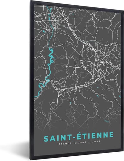 Fotolijst incl. Poster - Saint-Étienne - Frankrijk - Stadskaart - Kaart - Plattegrond - 40x60 cm - Posterlijst
