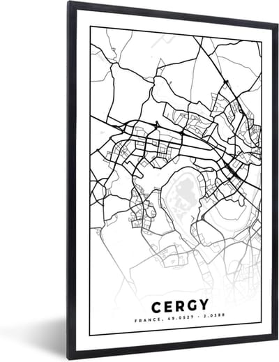 Fotolijst incl. Poster Zwart Wit- Frankrijk - Kaart - Cergy - Plattegrond - Stadskaart - Zwart wit - 40x60 cm - Posterlijst