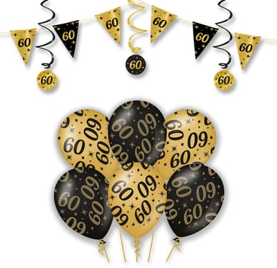 LUQ – Statement Set 60 Jaar – Zwart-Goud – Verjaardag Party Feestpakket Decoraties – Luxe Ballonnen-Slingers-Vlaggenlijn