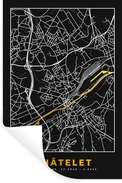 Muurstickers - Sticker Folie - Châtelet - Kaart - Goud - Plattegrond - Stadskaart - 20x30 cm - Plakfolie - Muurstickers Kinderkamer - Zelfklevend Behang - Zelfklevend behangpapier - Stickerfolie