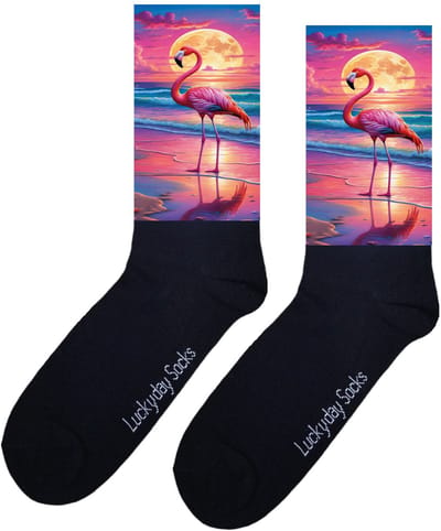 LuckyDay Socks - Flamingo - Grappige sokken - Origineel cadeau - Verjaardag cadeau - Trend nu - Opkikker - Vrolijke sokken - Cadeautje - Grappig cadeau - Kunstsokken - Geslaagd cadeau - Kerstcadeau - Vaderdag - Moederdag - Zonsondergang - Maat 37-44