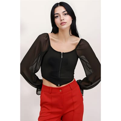 Geribbelde Rits Cropped Blouse met Vierkante Kraag