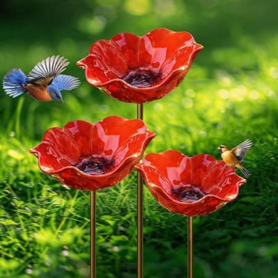 Bloemvormige vogeldrinkbak 14×14×65 cm, hoogwaardig legeringsmetaal, decoratief tuinornament en multifunctioneel huisdiermetaalaccessoire voor tuinvogels
