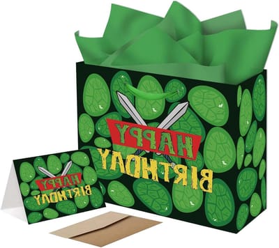 Schildpad Geschenkzakjes - Feestzakjes Cadeau - Verjaardag Vieren - Met Wenskaart - 24 x 13.5 x 30 cm - Groen