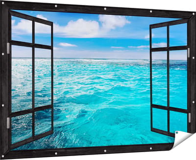 Gards Tuinposter Doorkijk Blauwe Caribische Zee Water - 180x120 cm - Tuindoek - Tuindecoratie - Wanddecoratie buiten - Tuinschilderij