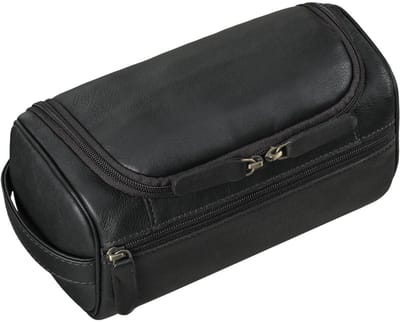 Famanu - Vintage Lederen Toilettas met Haak Heren Waszak Dames Leren Make Up Tas Groot Travel Toiletry Bag Cosmetics Ophangbaar voor Reizen, Kleur:zwart
