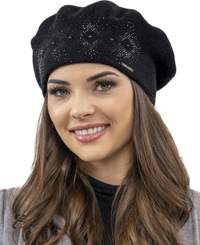 Vivisence Dames Baret - Wolmix Met Subtiele Strass Applicatie En Klassieke Vorm - Zachte Warmte En Comfortabele Pasvorm Voor Dagelijks Draaggemak En Elegante Stijl In Het Najaars En Winterseizoen - Zwart