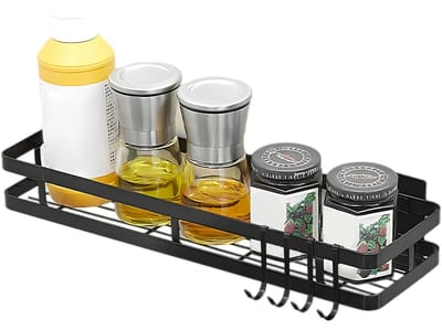 Peysaitr - Keuken kruidenrek - wandplank zonder boren - Kruidenrek Ophangbaar met 4 haken - Organizer Keuken Rek - zwart - 30x12x5,5 cm - 1 stuk