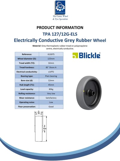 Wiel van 125 mm met grijs, elektrisch geleidend thermoplastisch rubber op een polypropyleen basis